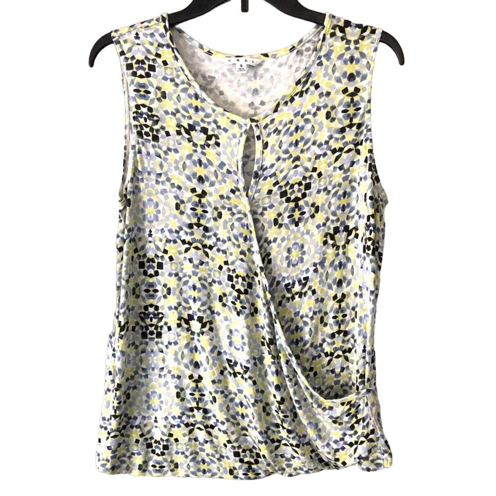 CAbi Green Blue 257 Mosaic Faux Wrap Keyhole Drape Front Sleeveless Top Shirt